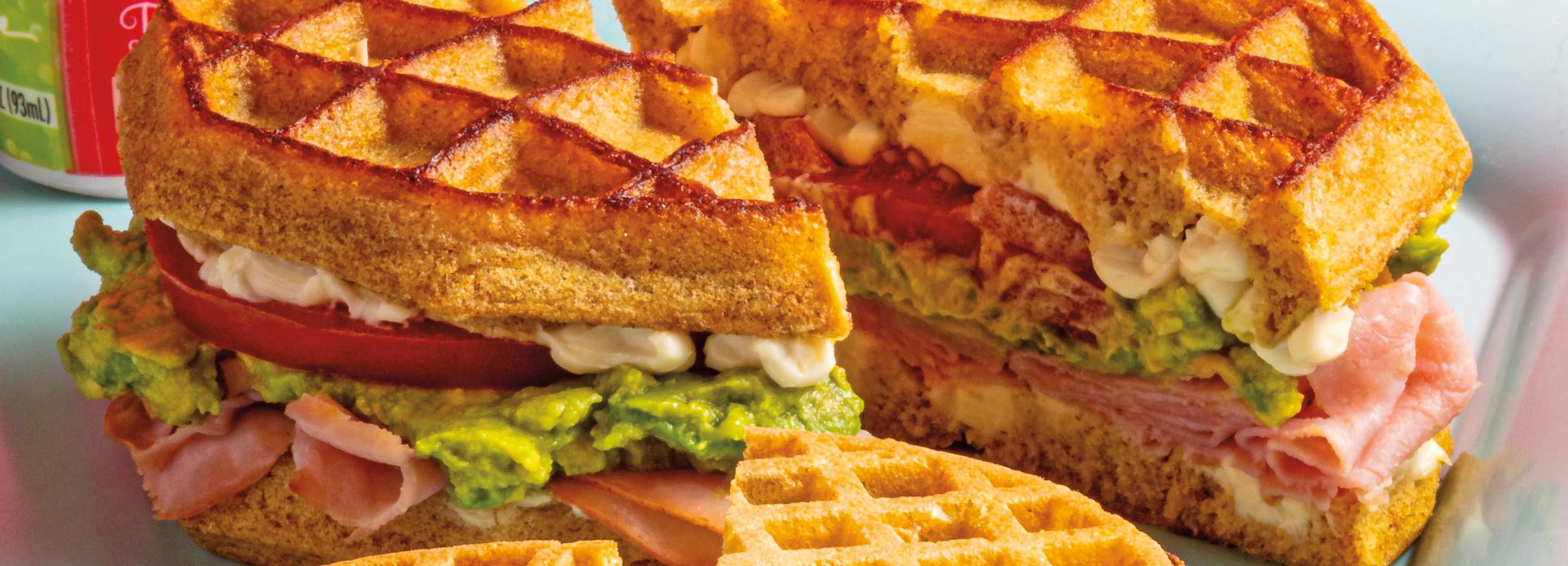 Ham, Avocado, Tomato & Cheese Waffle Sandwiches