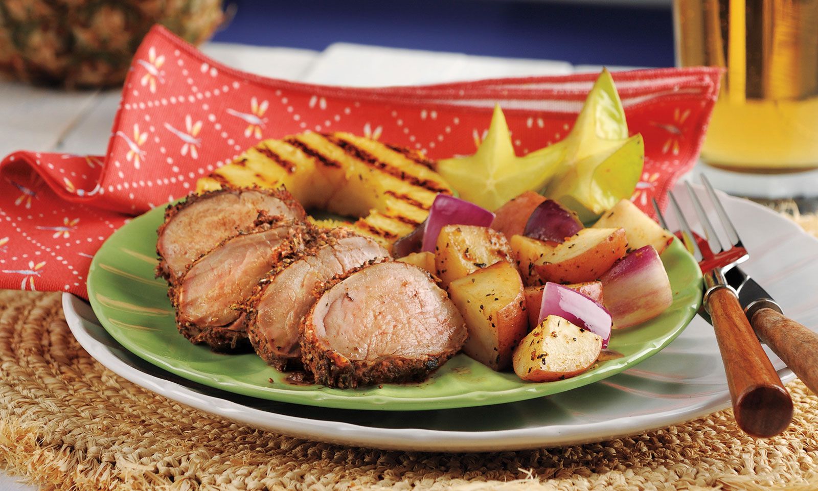 Jerk Pork Tenderloin with Spiced Red Potatoes & Grilled Pineapple