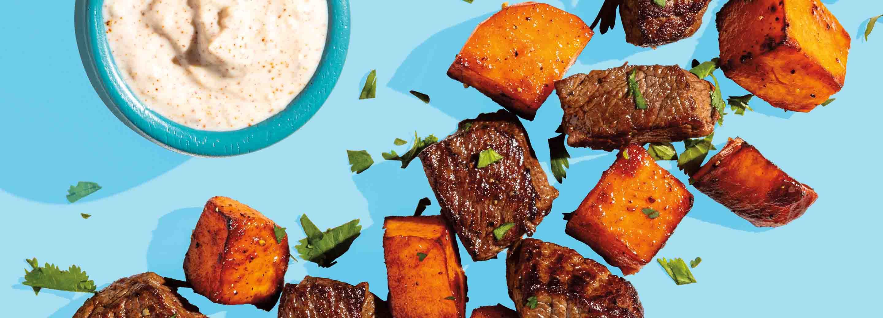 Steak + Sweet Potato Bites with Chipotle Sauce