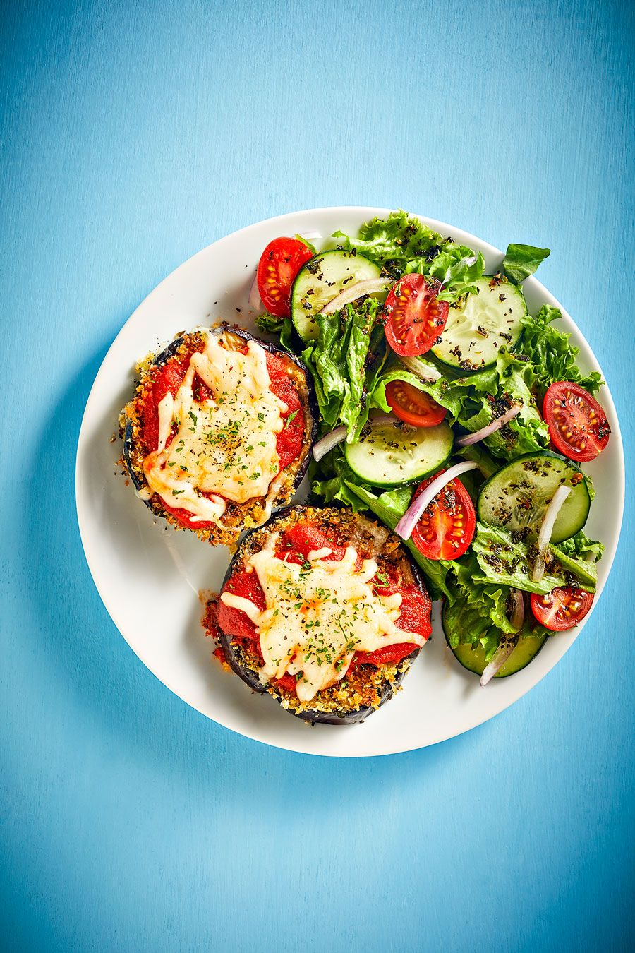 Eggplant Parmesan With Loaded Veggie Salad