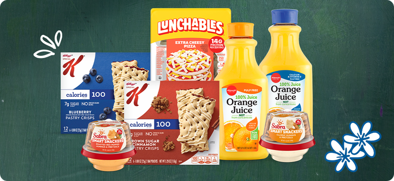 Back to school items like Kelloggs crisps, Sabra hummus, Lunchables and orange juice