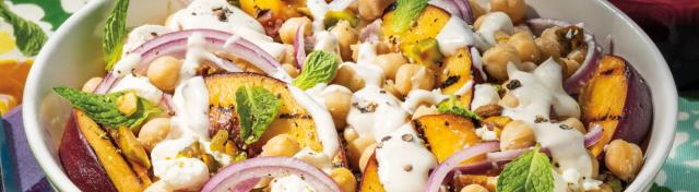 Chickpea and Charred-Peach Salad With Honey-Lime Crema