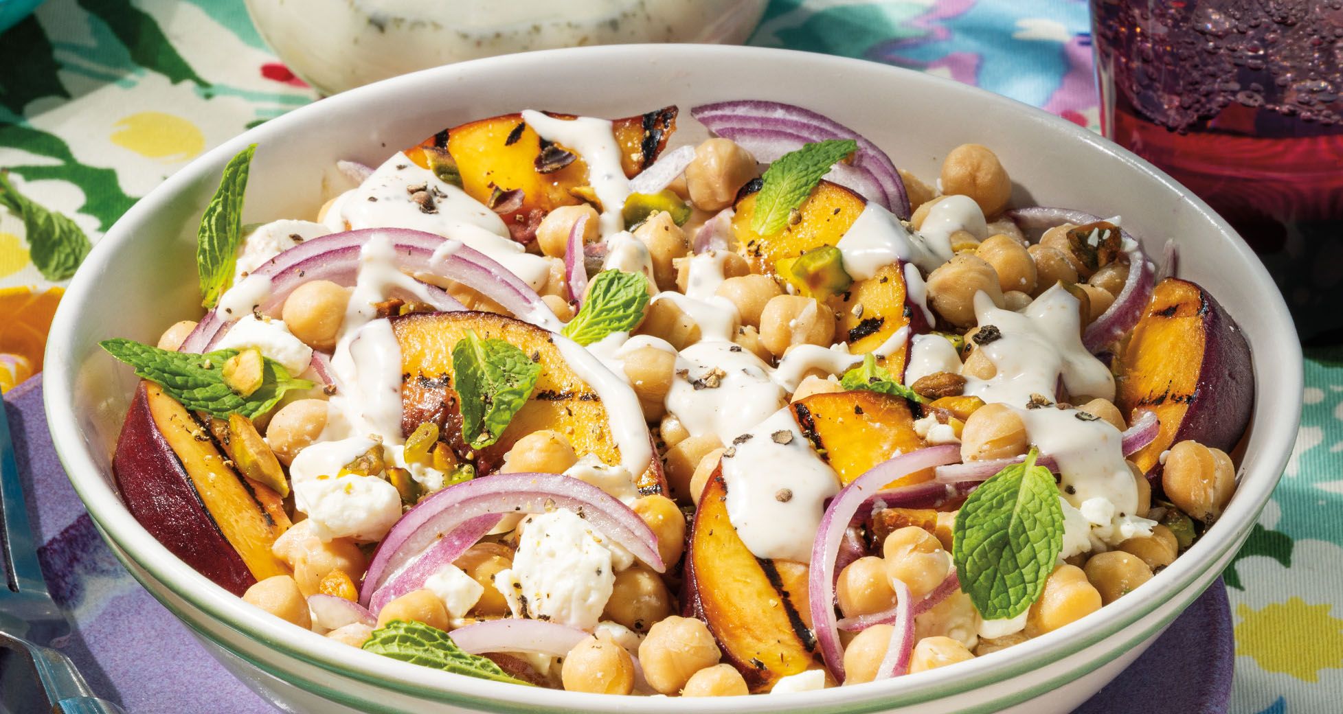 Chickpea and Charred-Peach Salad With Honey-Lime Crema