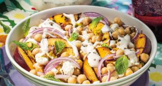 Chickpea and Charred-Peach Salad With Honey-Lime Crema