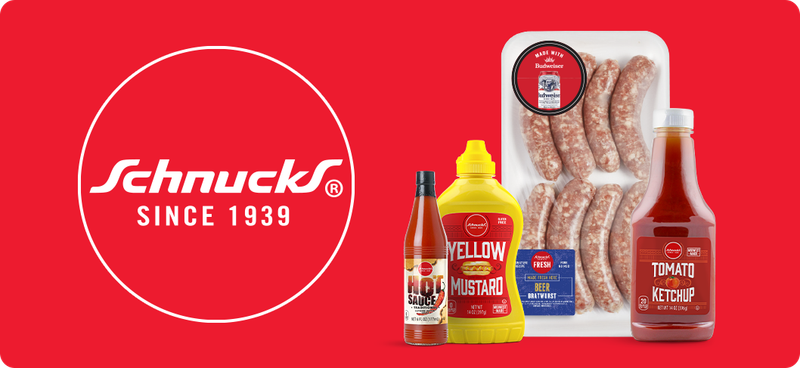 Schnucks logo with an item grouping of brats, hot sauce, yellow mustard, and ketchup.