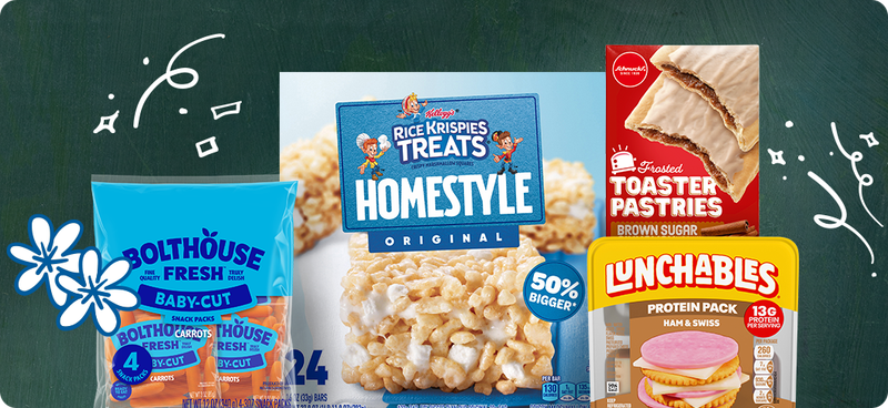 Bolthouse carrots, Rice Krispies Treats, Schnucks Toaster Pastries and Lunchables
