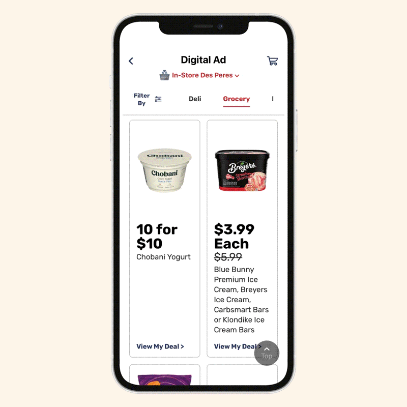 GIF of navigating to product detail screen from the new weekly ad and activating a boost