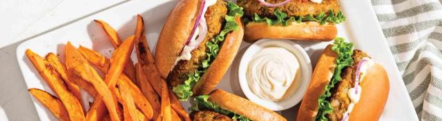 Lentil Burger with Garlic Mayo & Sweet Potato Fries