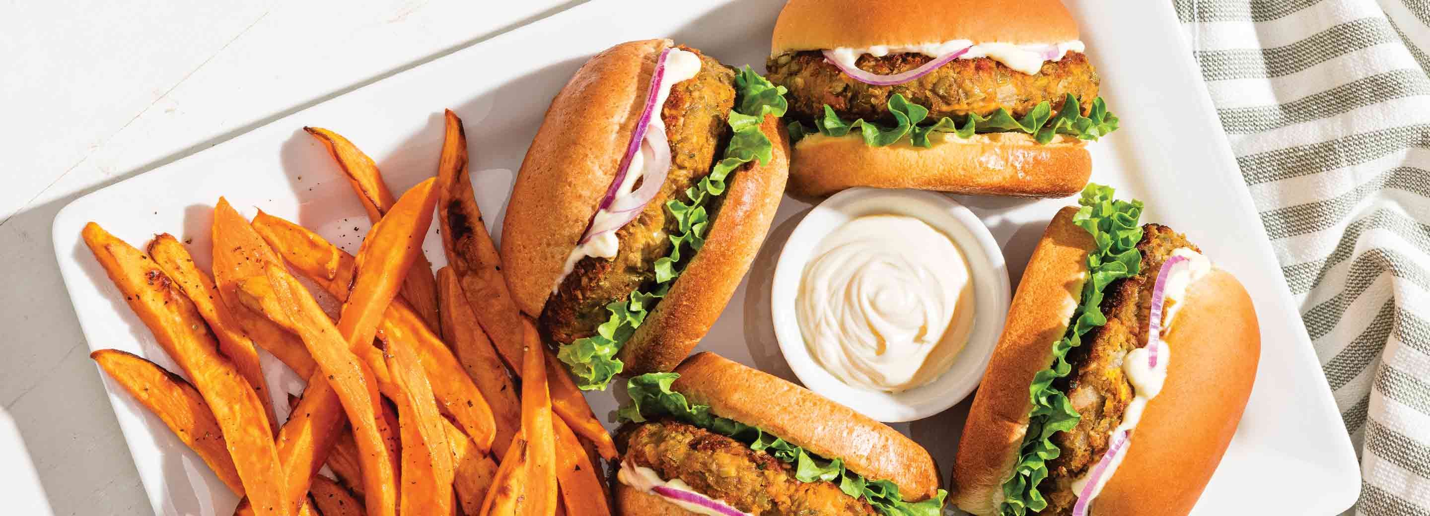 Lentil Burger with Garlic Mayo &amp; Sweet Potato Fries | Schnucks