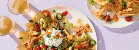 Loaded Buffalo Chicken and Veggie Nachos with Ranch Sour Cream