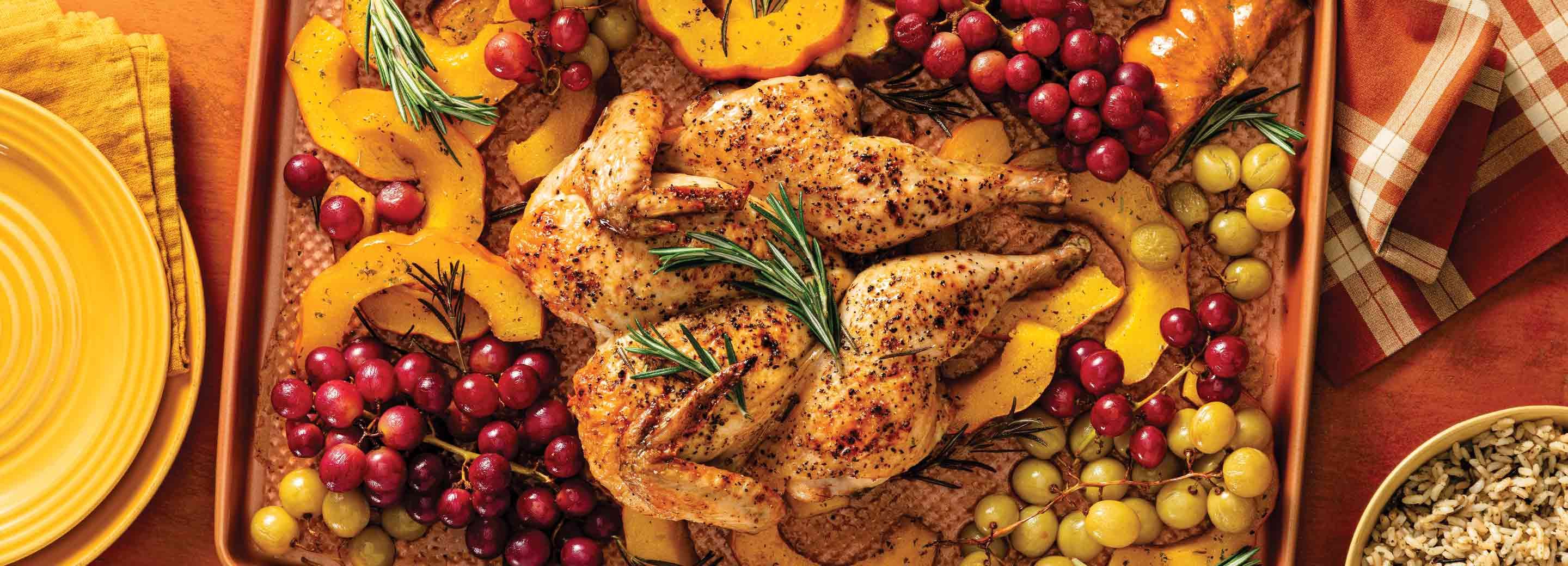 Spatchcock Chicken with Roasted Grapes and Squash