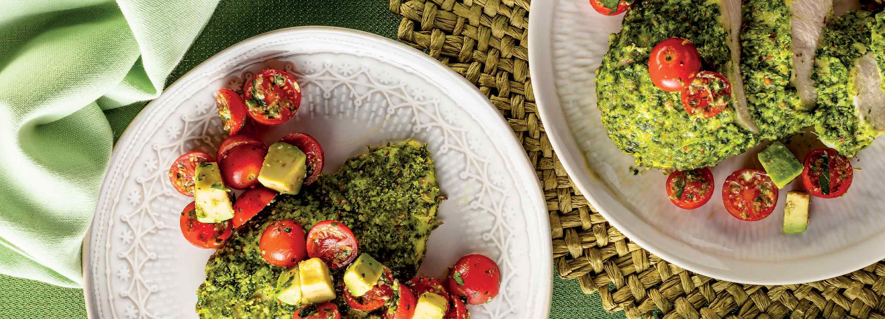 Pesto Chicken with Tomato Avocado Salad