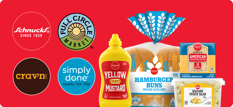 Schnucks yellow mustard, hamburger buns, American cheese slices and mustard potato salad