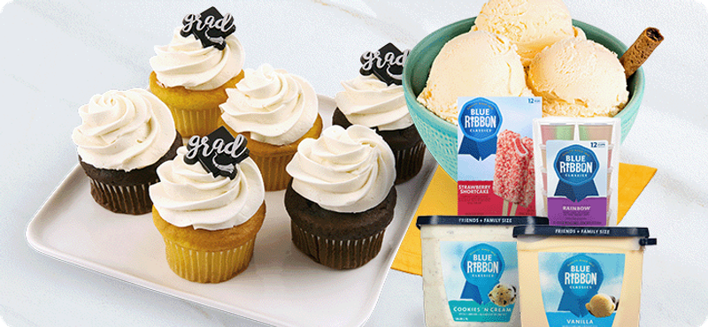 Graduation cupcakes and Blue Ribbon ice cream