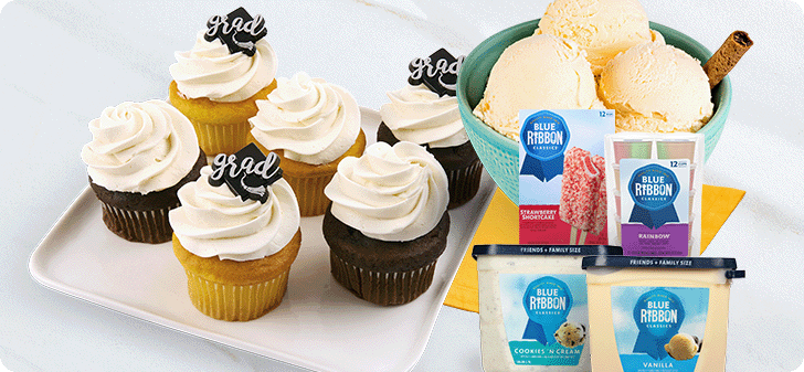 Graduation cupcakes and Blue Ribbon ice cream