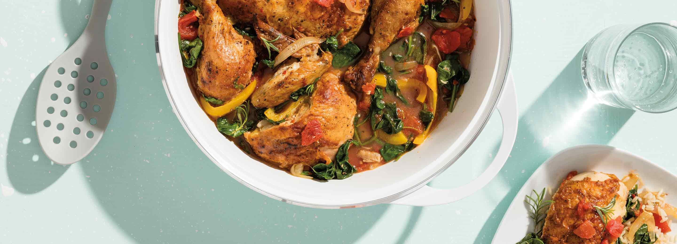 Braised Rotisserie Chicken with Spinach and Tomato
