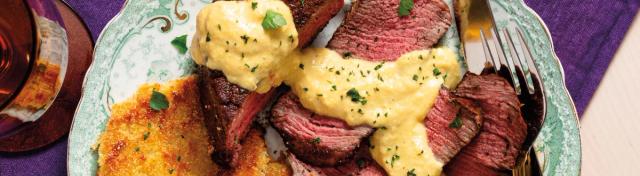 Blackened Filet Mignon with Fried Green Tomatoes & Crab Sweet Corn Sauce