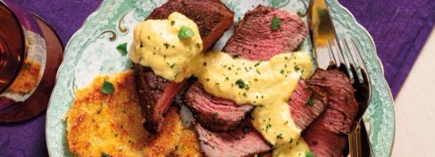 Blackened Filet Mignon with Fried Green Tomatoes & Crab Sweet Corn Sauce