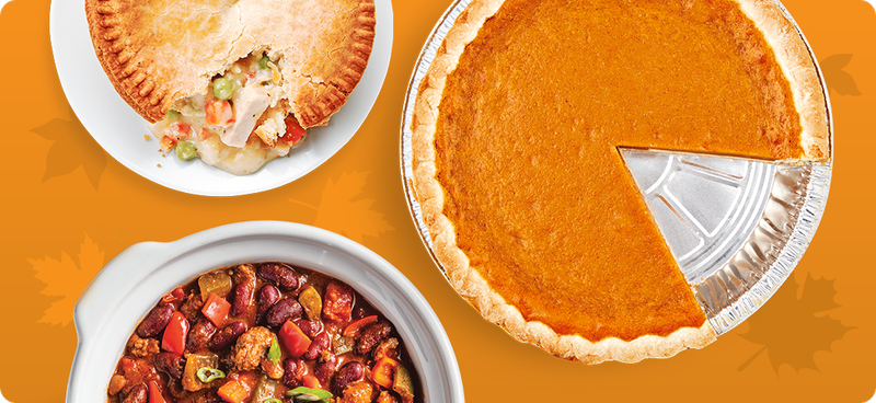 Chicken pot pie, chili and pumpkin pie