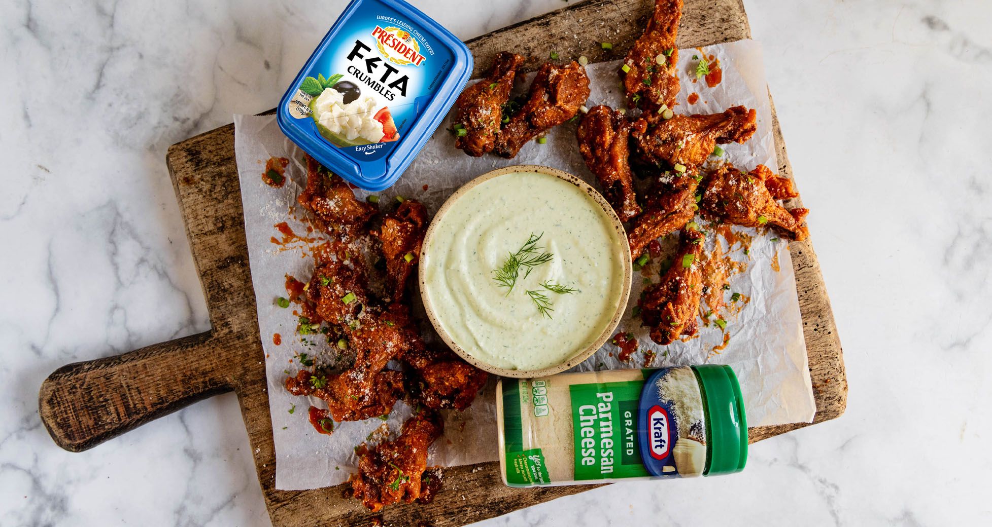 Garlic Parmesan Buffalo Wings with Feta Cheese Ranch Dip