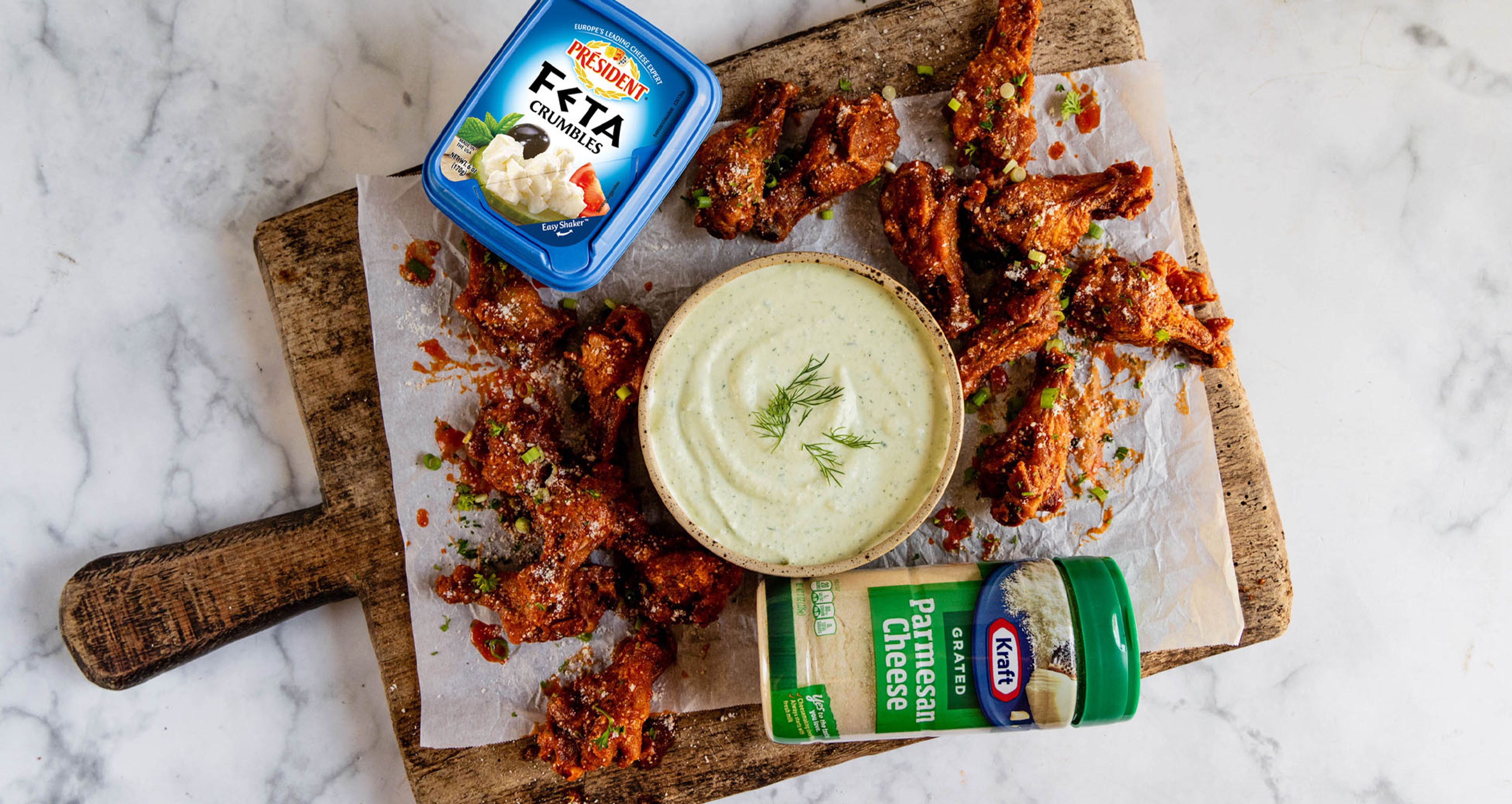 Garlic Parmesan Buffalo Wings with Feta Cheese Ranch Dip