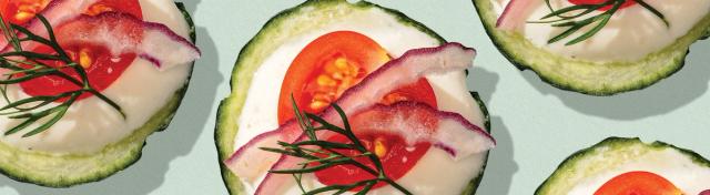 Tomato, Red Onion and Whipped Cottage Cheese Cucumber Bites