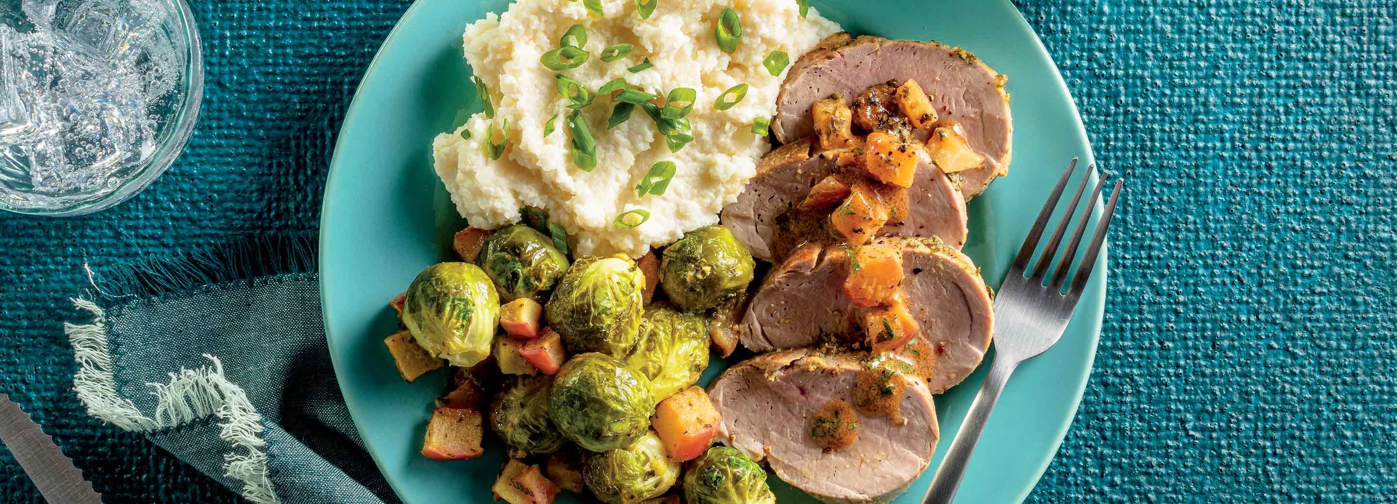 Pork Tenderloin and Apples with Parmesan Mashed Cauliflower Brussels Sprouts