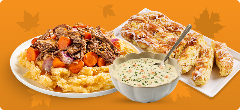 Roast with carrots and potatoes, soup and filled Danish