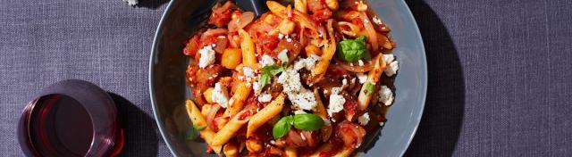 Penne with Eggplant, Tomatoes & Chickpeas