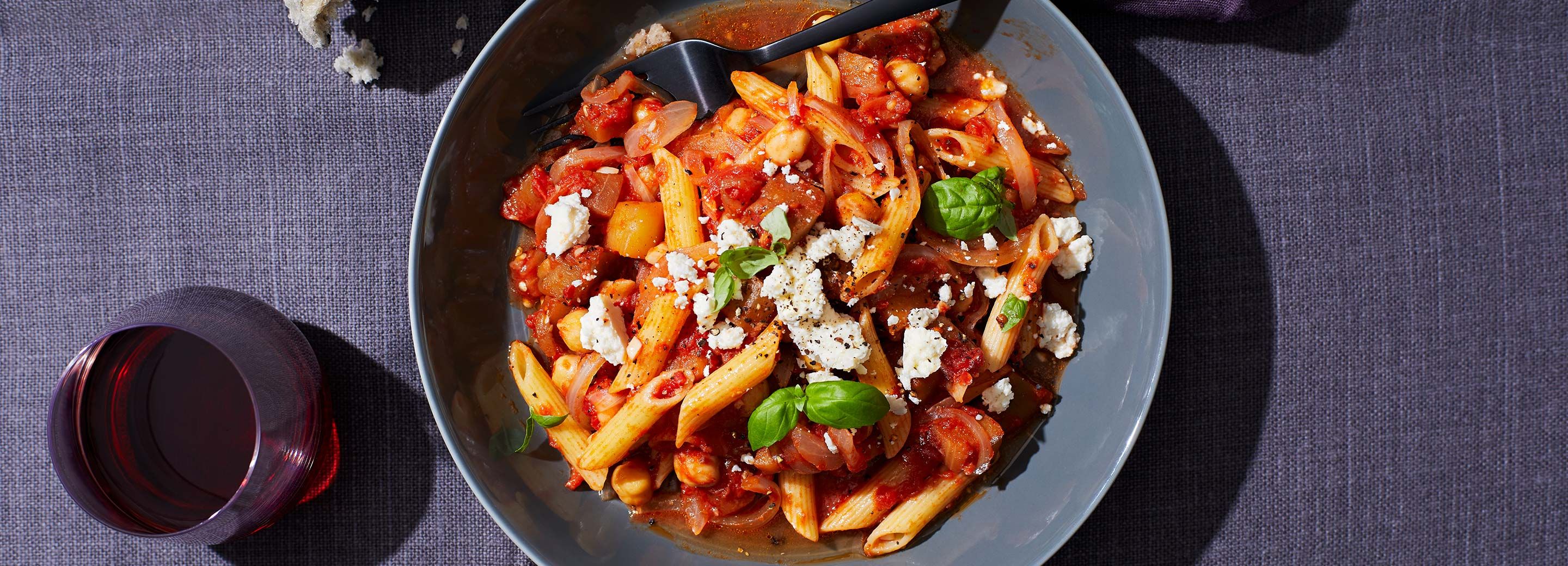 Penne with Eggplant, Tomatoes & Chickpeas