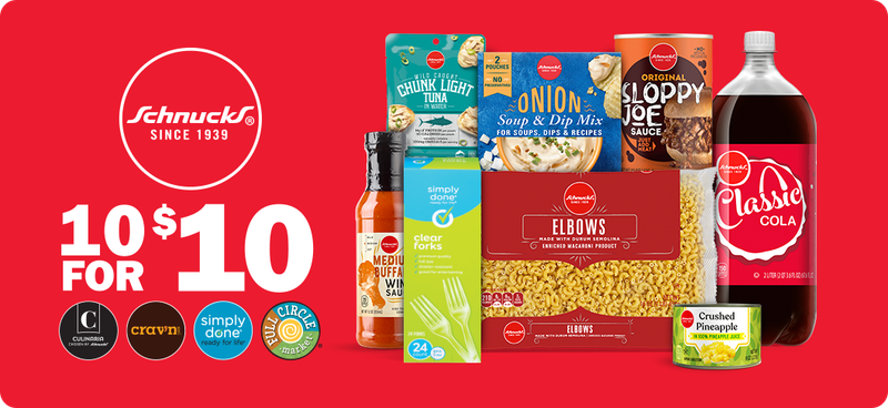 10 for $10 hot sauce, plastic utensils, pasta, tuna, onion soup and dip mix, sloppy joe, canned pineapple, and soda