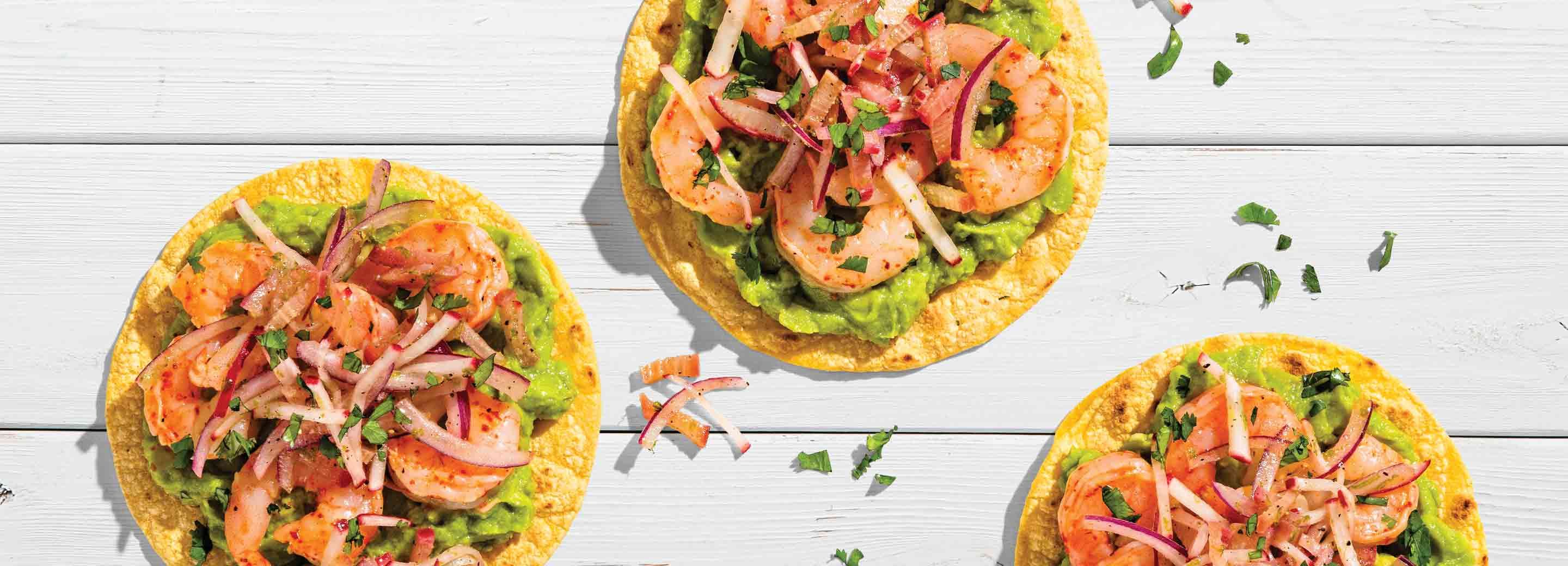 Shrimp Tostadas with Rhubarb Radish Slaw