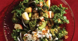 A colorful kale salad served on a red glass plate with apple chunks, roasted broccoli florets, celery, goat cheese, red onion, and crispy rice grains.