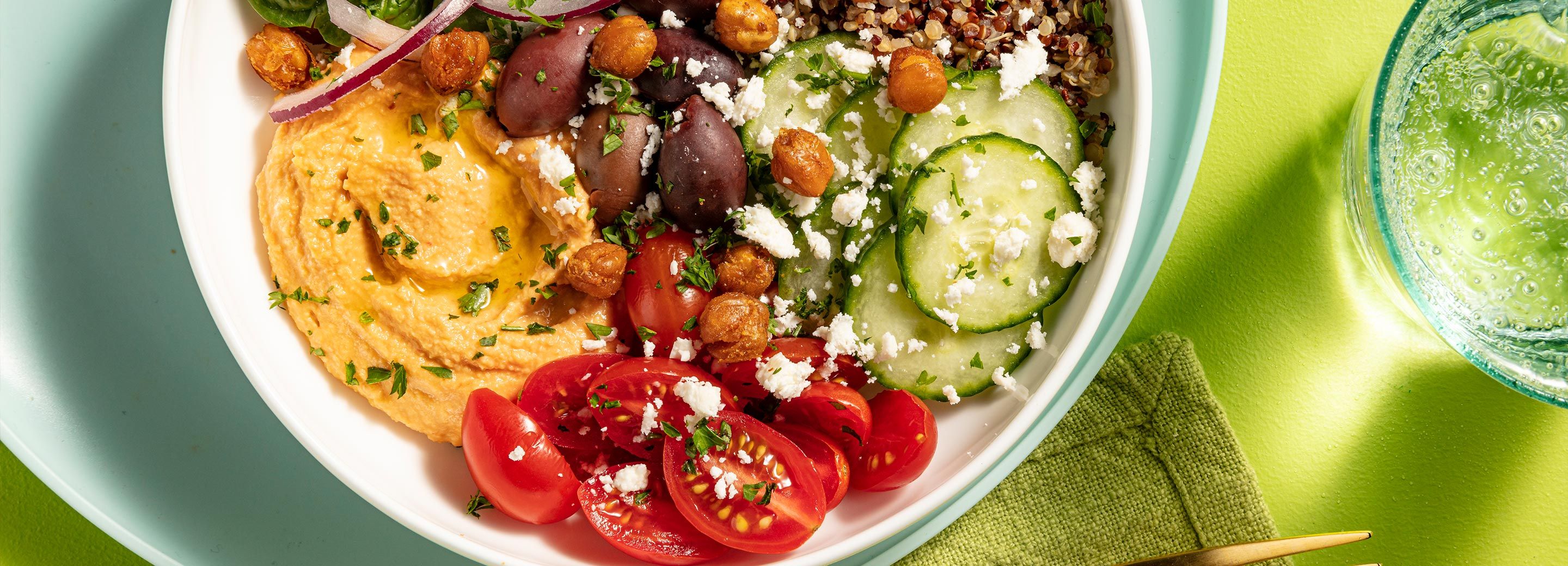 Mediterranean Hummus Bowl with Crispy Chickpeas & Feta