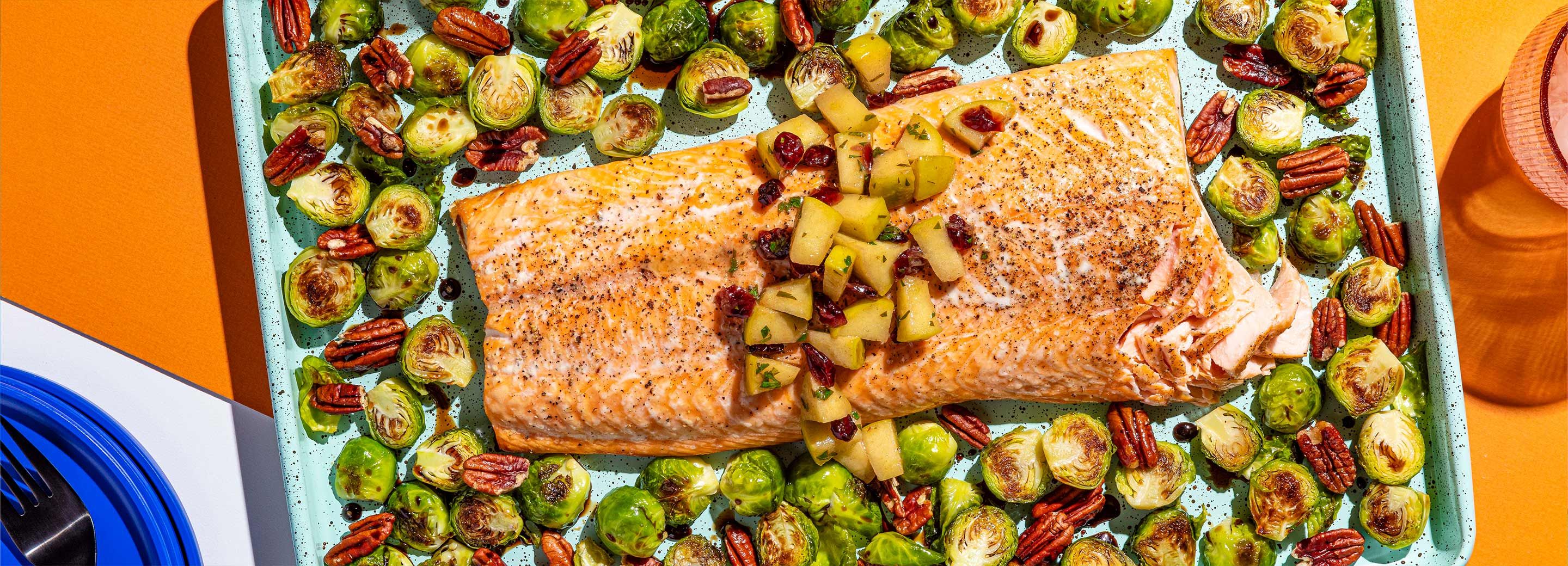 Sheet-Pan Salmon with Maple Pecan Brussels Sprouts and Cran-Apple Brown Butter