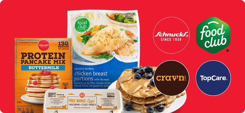 Schnucks protein pancake mix and eggs and Food Club chicken breast portions