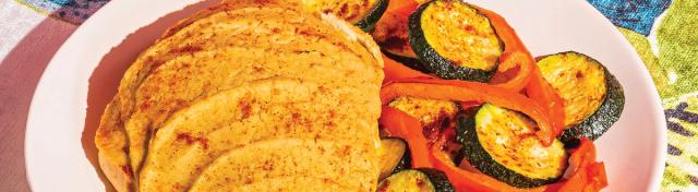 Hummus-Crusted Chicken With Veggies