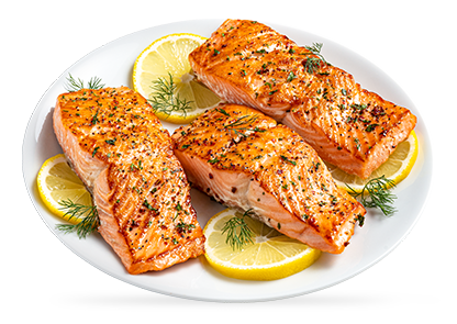 Three cooked salmon portions on a white plate.
