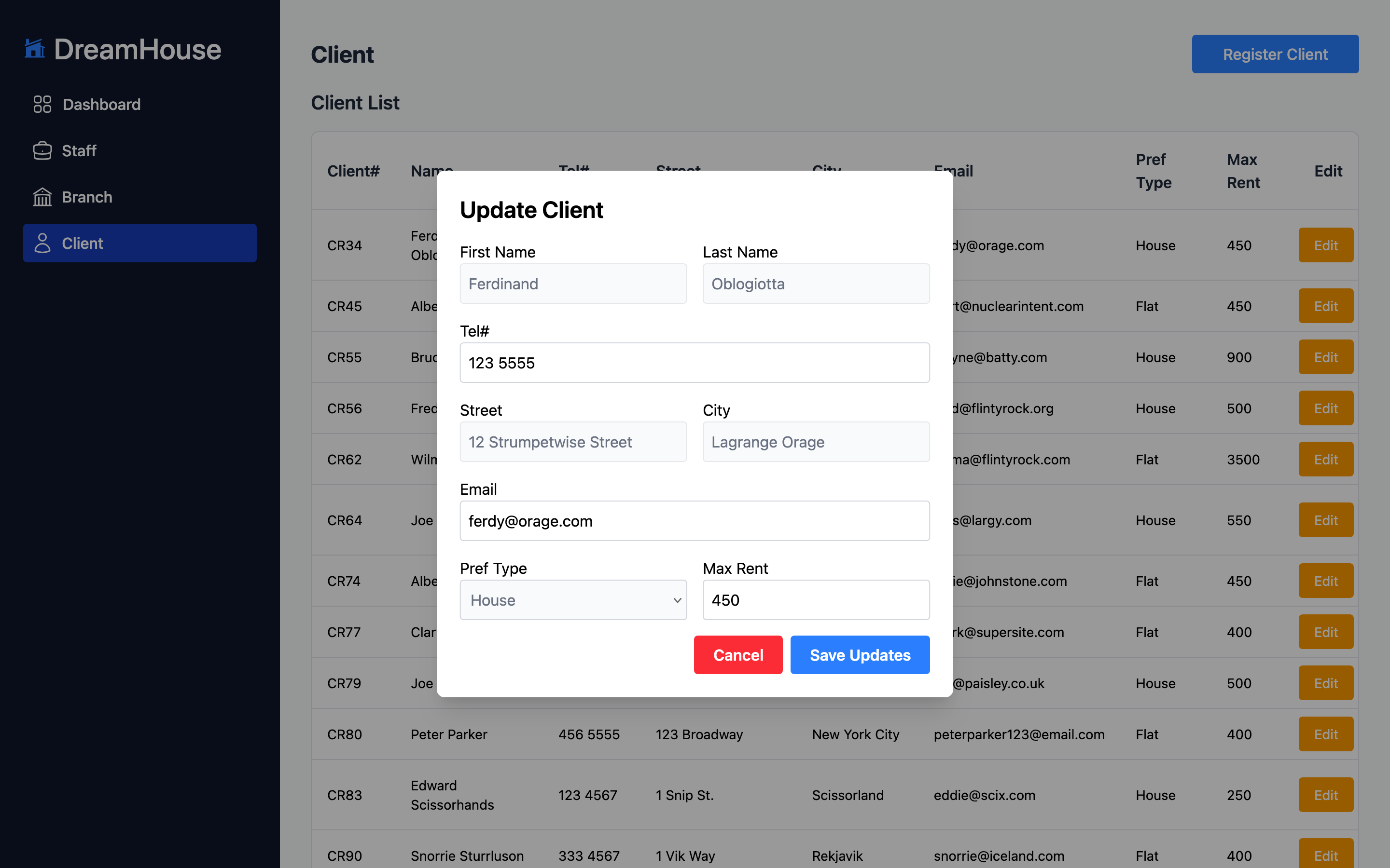 Updating a client record