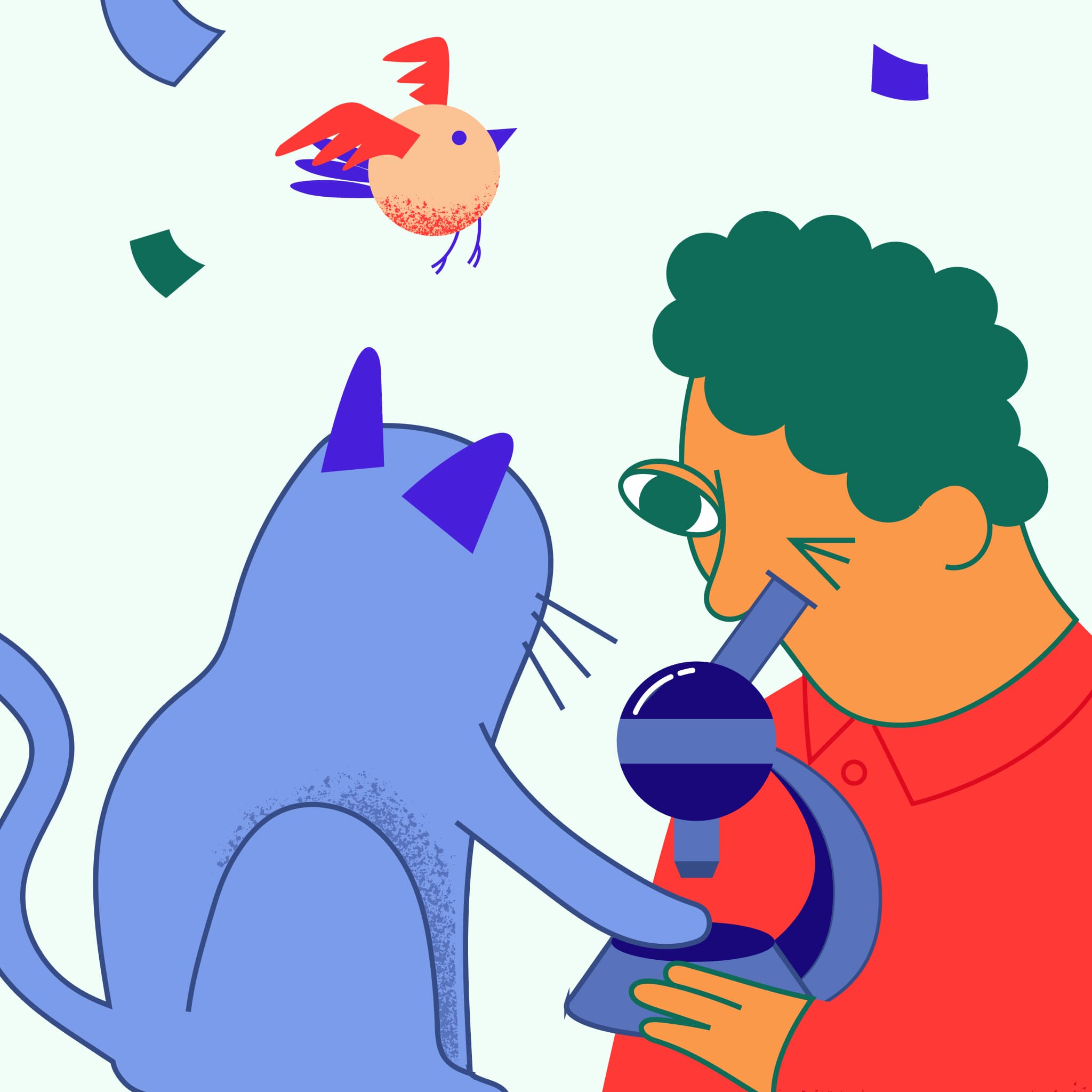 homme regardant une patte de chat  au miscroscope