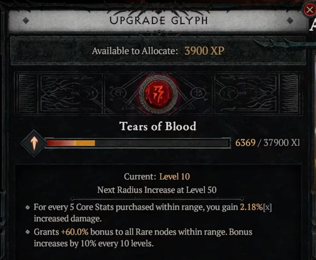 Upgrading a higher level Tears of Blood Glyph