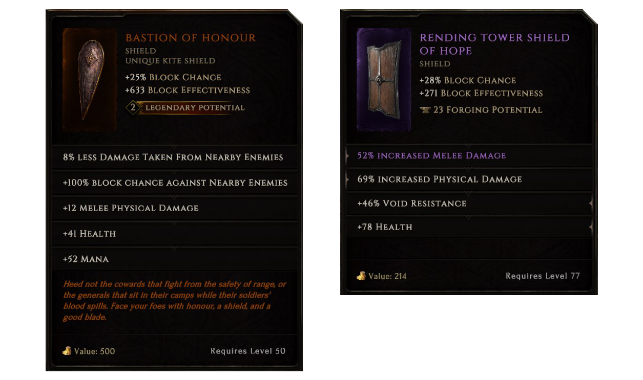A Unique item with 2 Legendary Potential and an Exalted item with 4 unsealed affixes