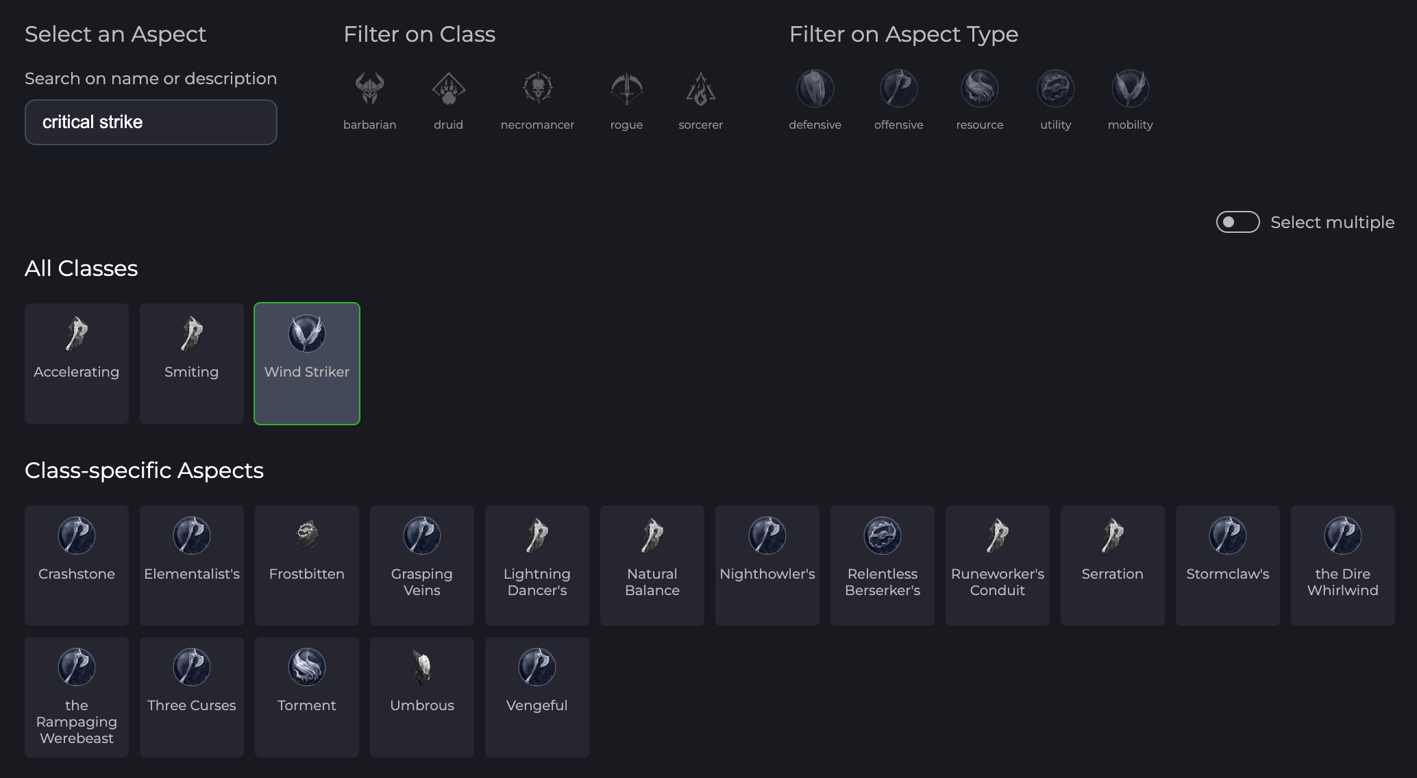 Searching and selecting the desired Aspect