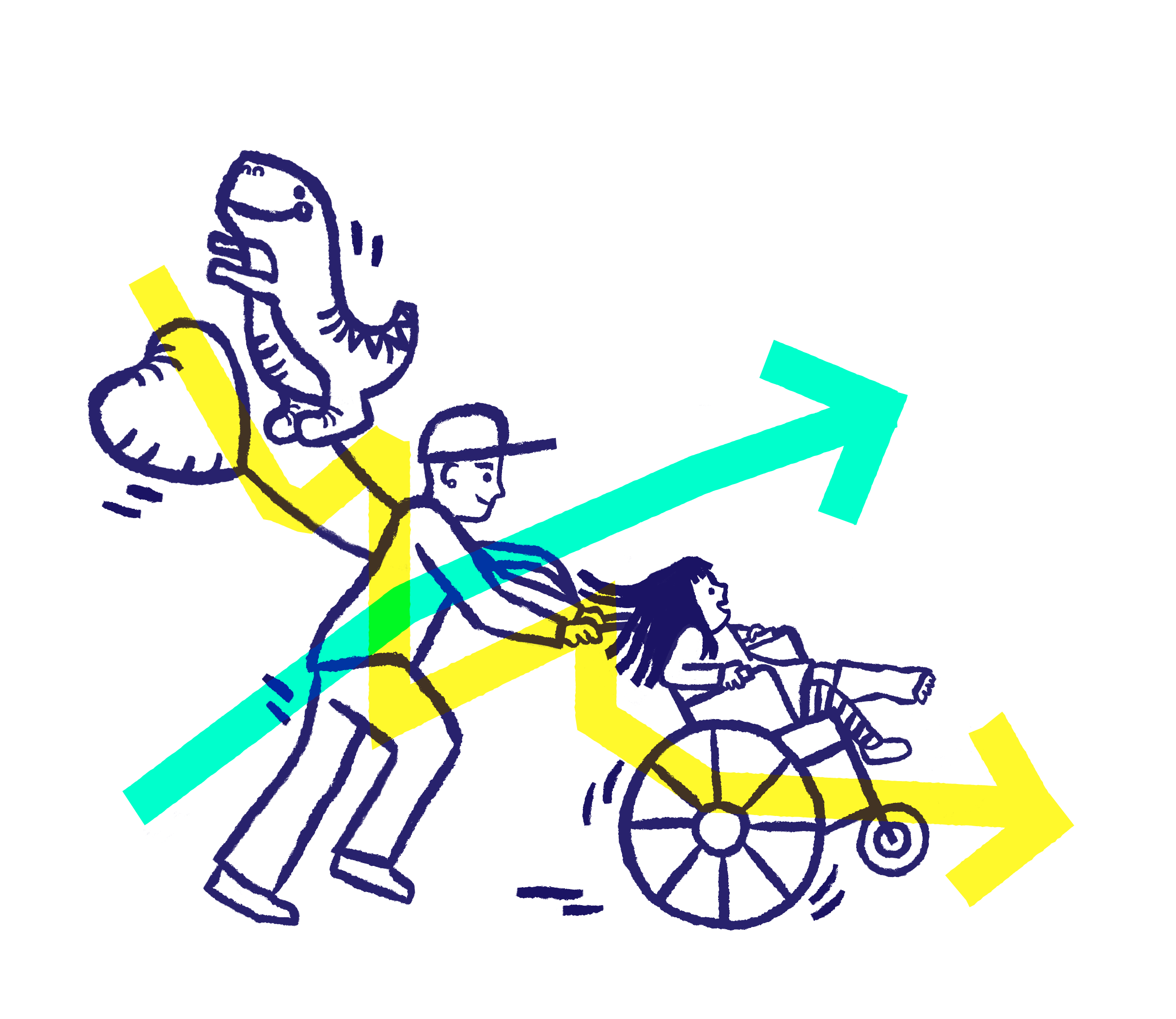 Illustration of young dad pushing little girl in cast in hospital