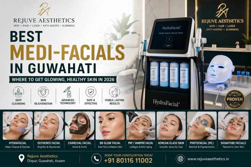 Best medi-facial in Guwahati at Rejuve Aesthetics featuring HydraFacial, Korean Glass Skin Facial, PRP Facial, BB Glow, and advanced skin rejuvenation treatments.
