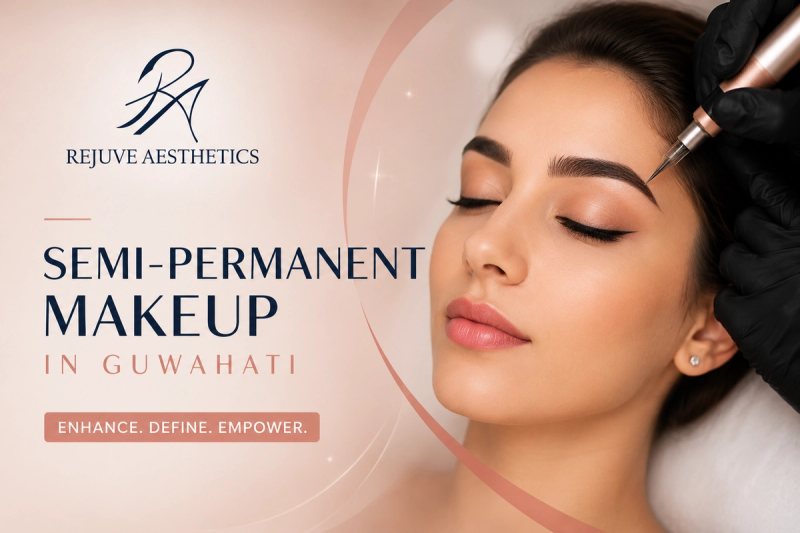 Woman receiving semi-permanent eyebrow makeup treatment at Rejuve Aesthetics in Guwahati, showcasing professional microblading and permanent makeup services.