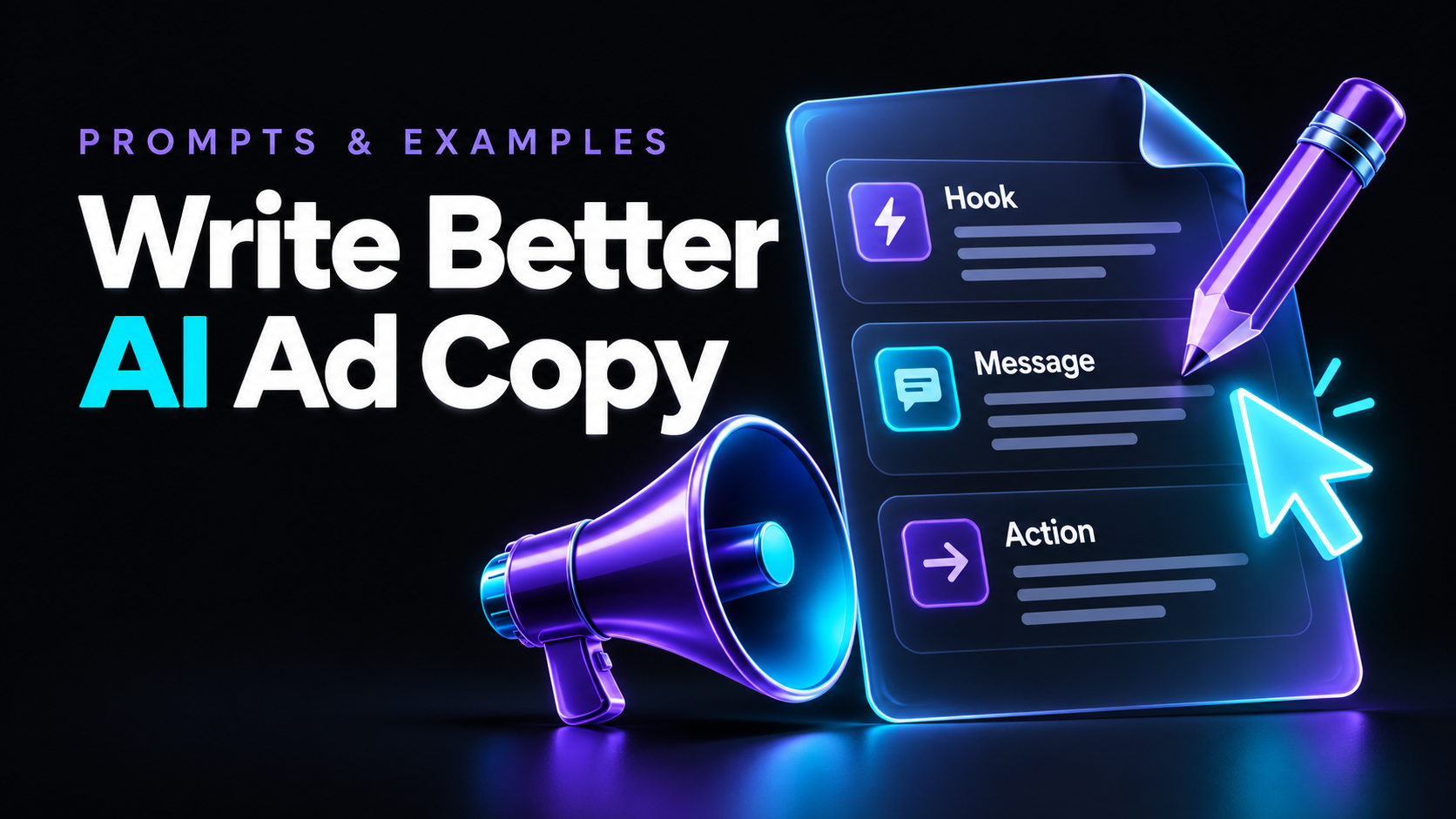 AI ad copy illustration featuring a megaphone, pencil, and a document organized into Hook, Message, and Action.