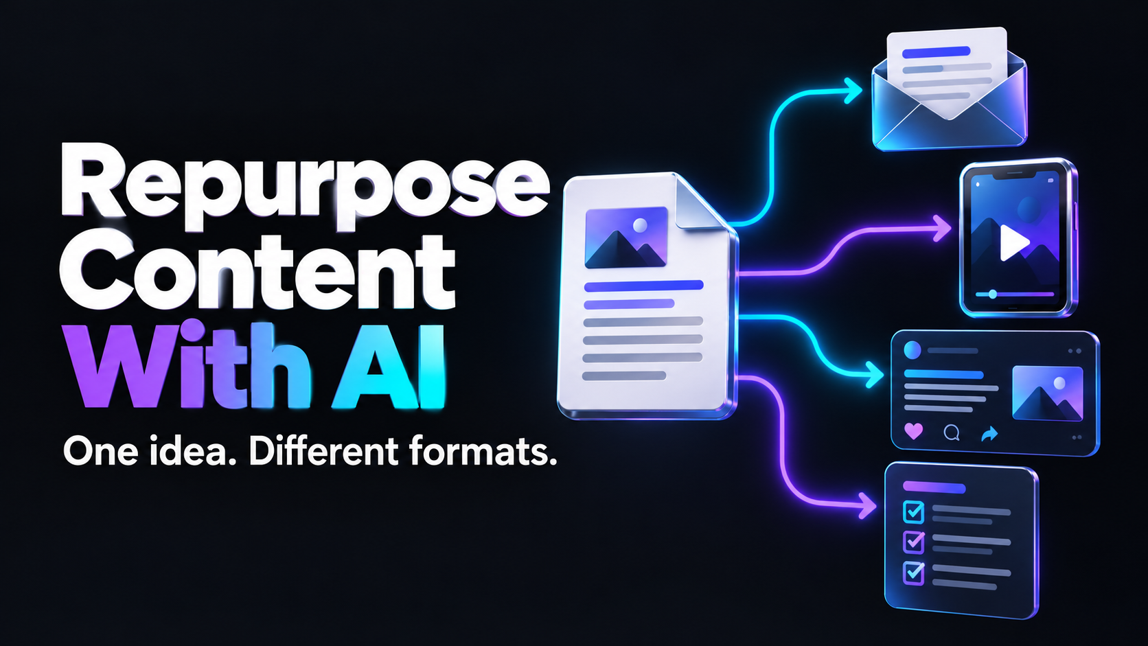 One article transformed into an email, video, social post, and checklist using AI, illustrated in purple and cyan.