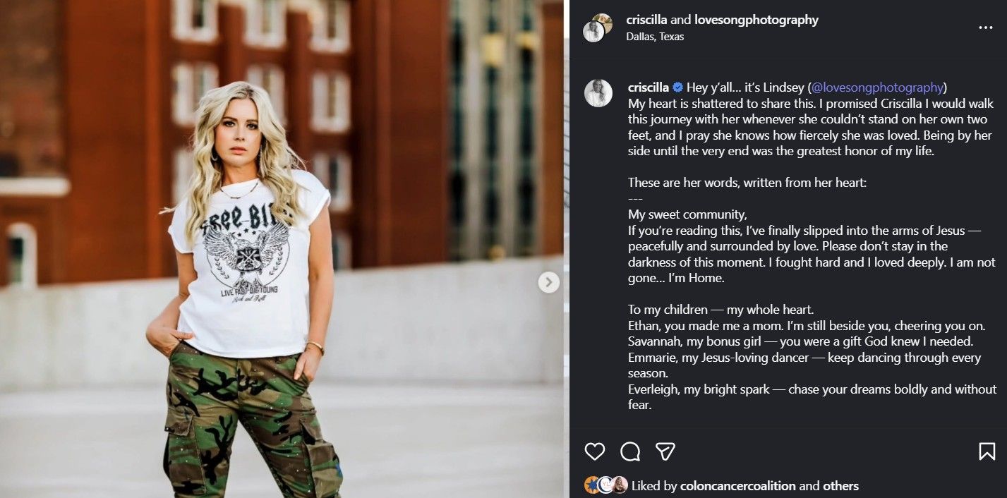 Criscilla Instagram Cancer Announcement 2025