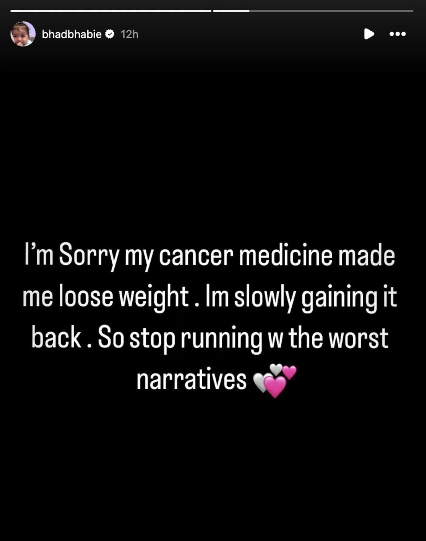 Bhad Bhabie's post on Instagram Stories about her cancer diagnosis announcement
